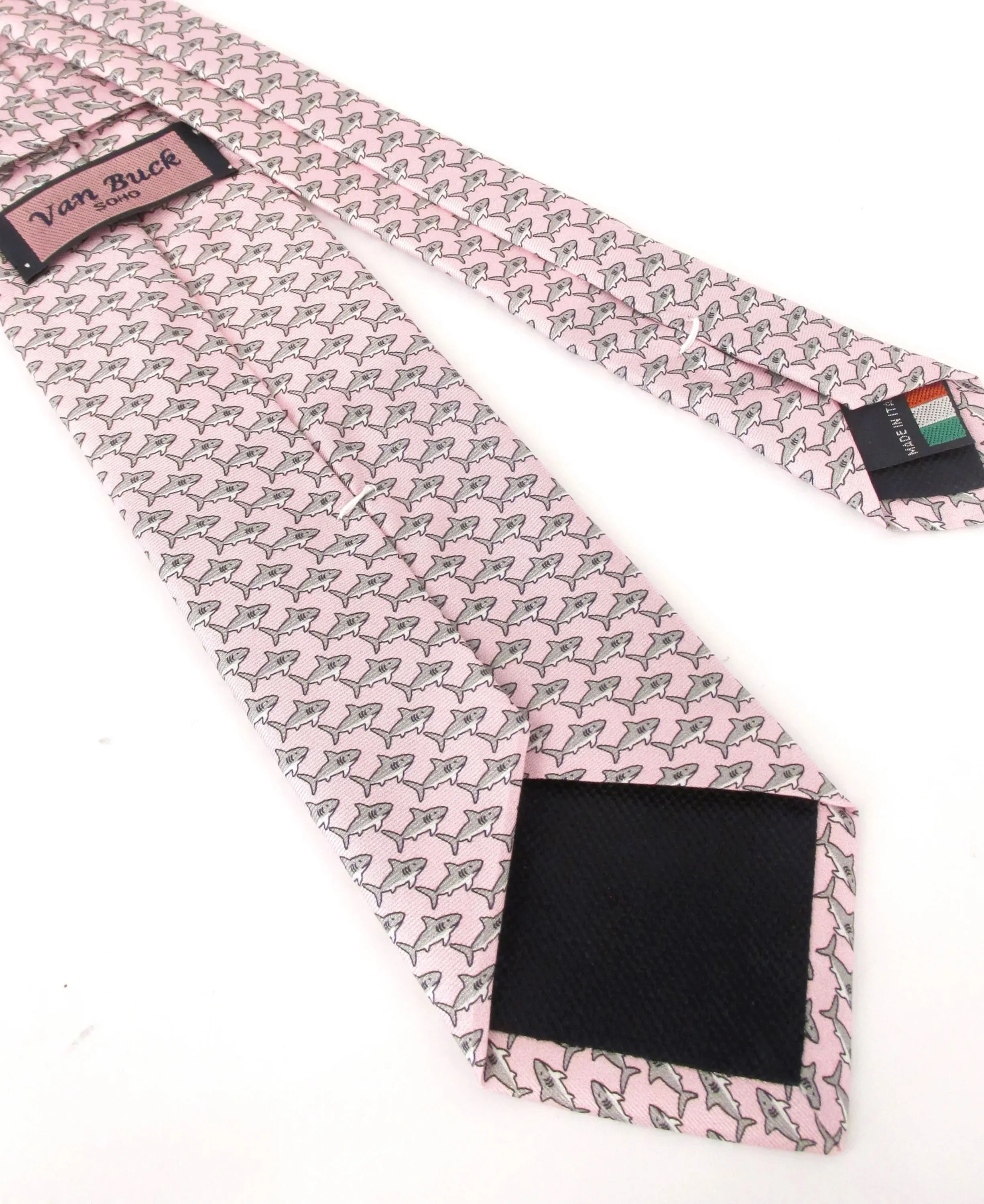 Italian Printed Silk Tie - Pink Shark - Image 3