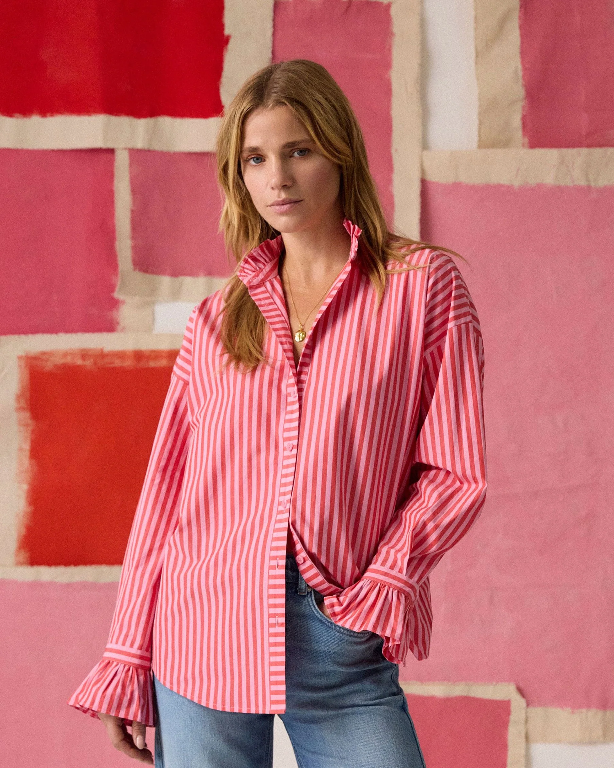 Mae Frill Neck Shirt - Pink Stripe - Image 6