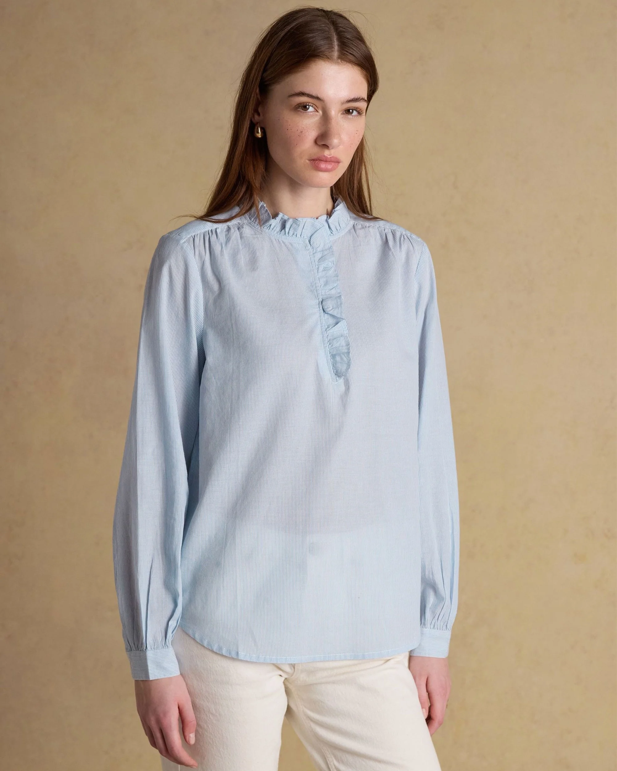 Melanie Ruffle Neck Blouse - Blue/White - Image 2