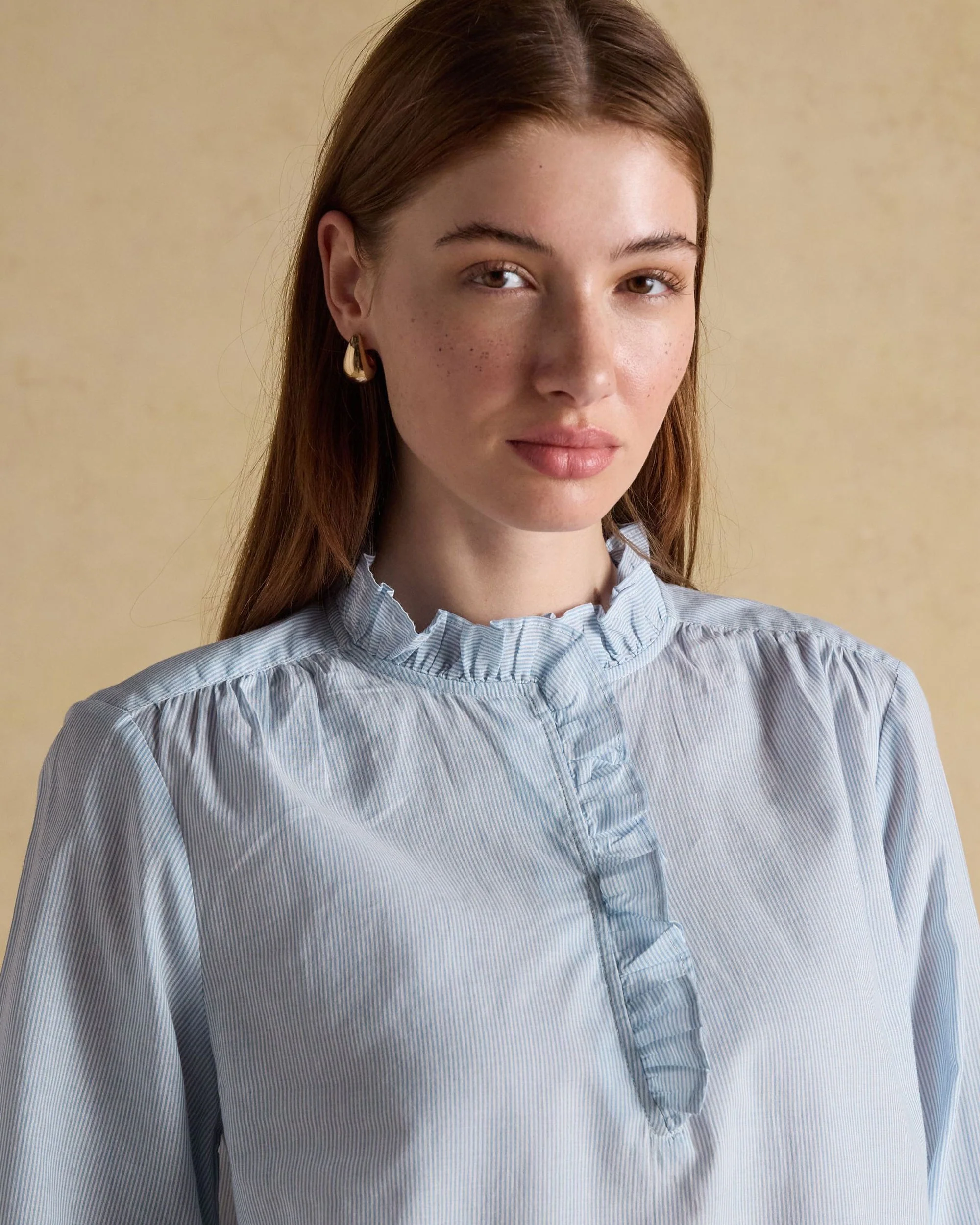 Melanie Ruffle Neck Blouse - Blue/White - Image 4