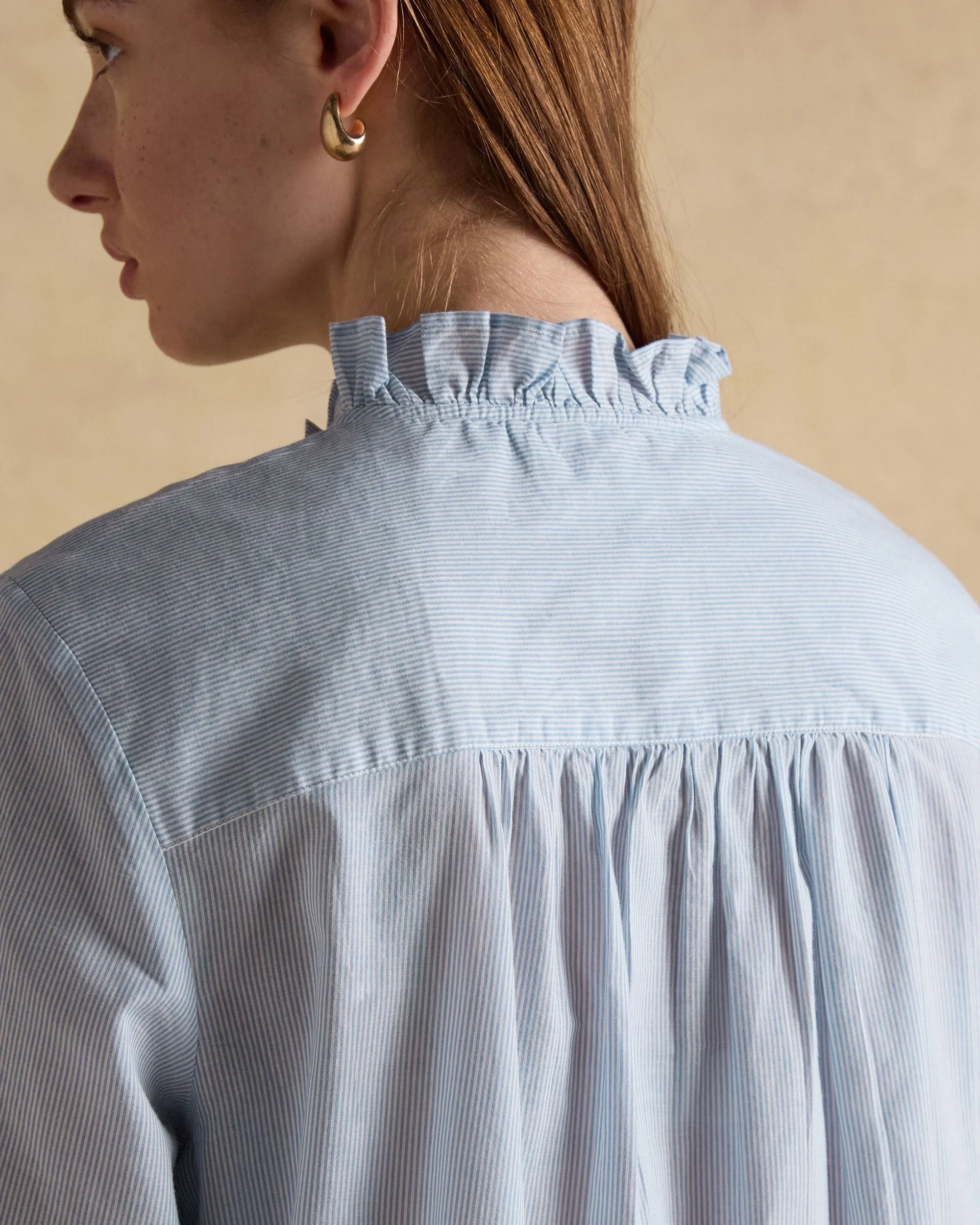 Melanie Ruffle Neck Blouse - Blue/White - Image 5