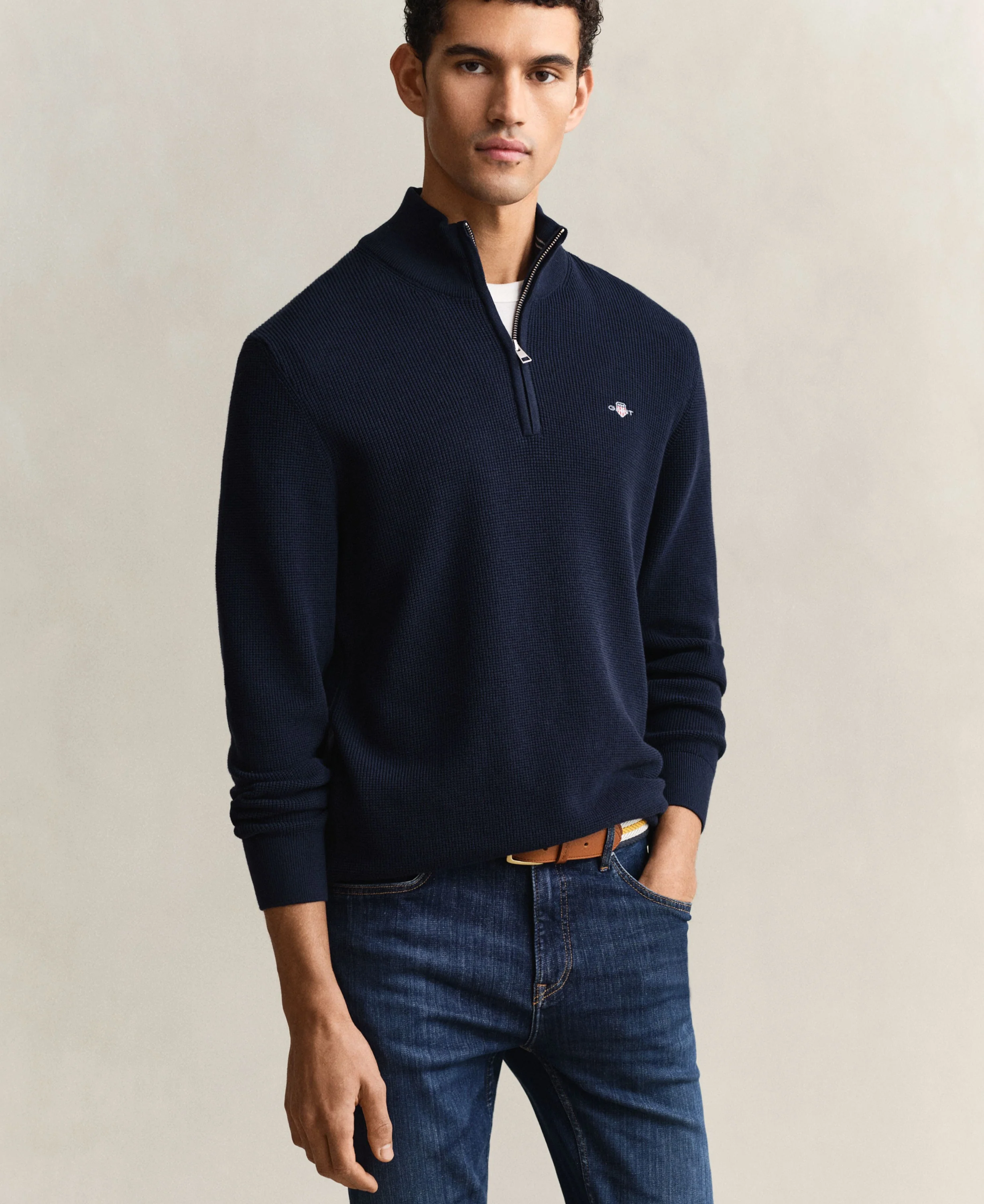 Micro Textured Cotton Half Zip - Evening Blue - Image 2