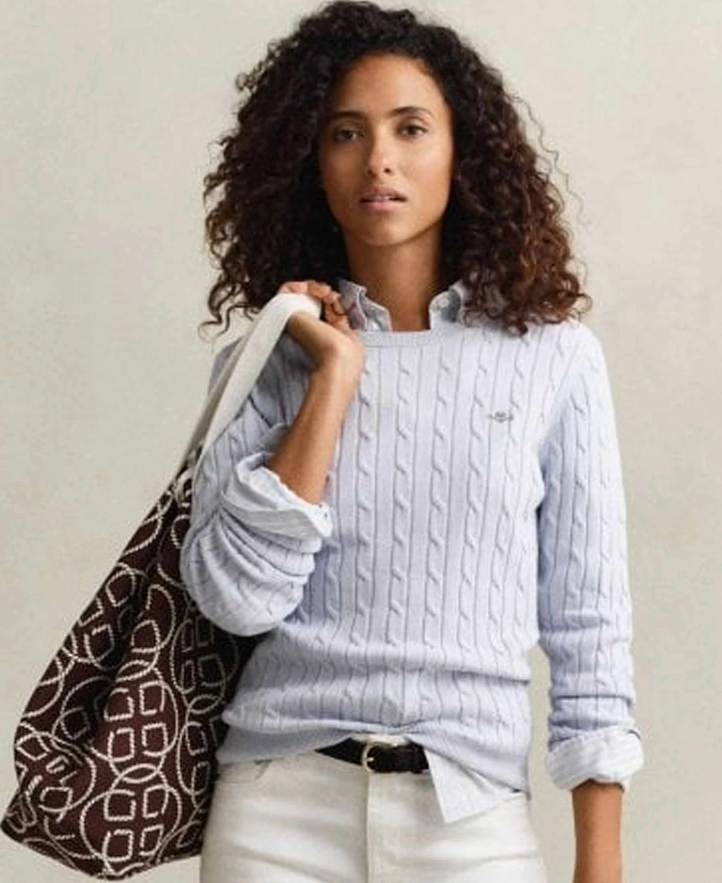 Stretch Cotton Cable Crew Neck - Hydrangea Blue - Image 2
